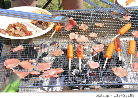 休日に屋外でバーベキューを楽しむ様子 139455199