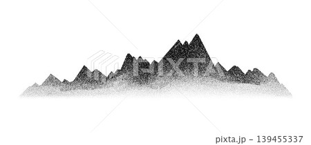 Grain stippled mountain range illustration. Black and white textured mount peaks. Dotted landscape terrain silhouette. Noisy grainy hill chain in dotwork style. Vector grunge mountain ridge background Grain stippled mountain range illustration. Black and white textured mount peaks. Dotted landscape terrain silhouette. Noisy grainy hill chain in dotwork style. Vector grunge mountain ridge background 139455337