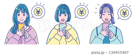 スマホでお金を使う・稼ぐ若い女性のセット スマホでお金を使う・稼ぐ若い女性のセット 139455407