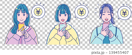 スマホでお金を使う・稼ぐ若い女性のセット スマホでお金を使う・稼ぐ若い女性のセット 139455407