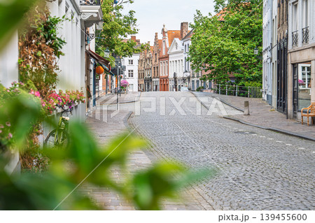 Cobblestone street in Bruges, Belgium with historic architecture and greenery in foreground Cobblestone street in Bruges, Belgium with historic architecture and greenery in foreground 139455600