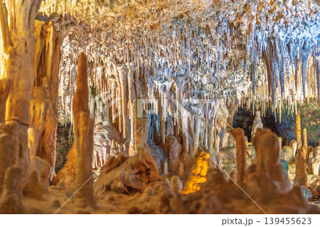 Impressive stalactites and stalagmites inside the Nerja Caves near Malaga, Spain, a popular kar Impressive stalactites and stalagmites inside the Nerja Caves near Malaga, Spain, a popular kar 139455623