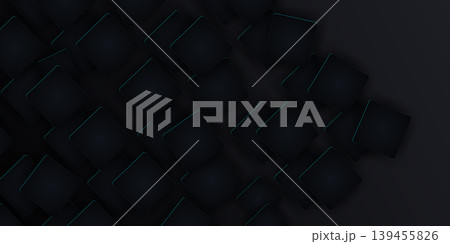 Futuristic dark blue abstract background with chaotic 3D square blocks and bright cyan neon glowing edges Futuristic dark blue abstract background with chaotic 3D square blocks and bright cyan neon glowing edges 139455826