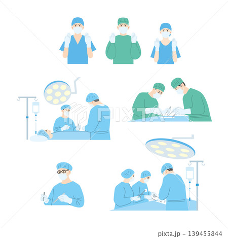 手術と手術室のイラストセット：外科医、看護師、医療処置 139455844