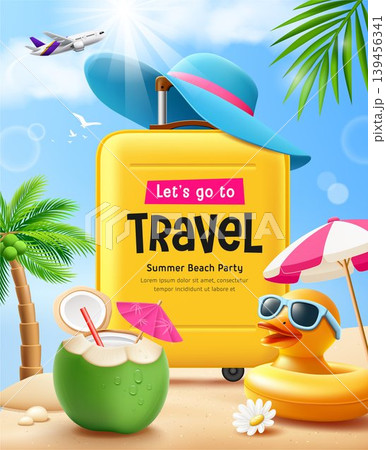 Summer travel holiday, yellow suitcase, beach umbrella, coconut tree, yellow rubber duck, poster design 139456341