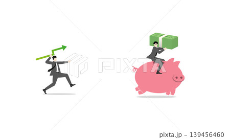 Businessman riding piggy bank holding money banknotes bundle chasing profit growth with green arrow spear hunting financial success and cash flow investment management concept Businessman riding piggy bank holding money banknotes bundle chasing profit growth with green arrow spear hunting financial success and cash flow investment management concept 139456460