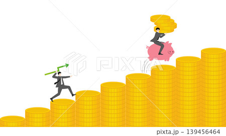 Successful businessman riding piggy bank jumping on rising gold coins bar graph stairs chasing profit with green arrow spear hunting wealth growth and financial achievement Successful businessman riding piggy bank jumping on rising gold coins bar graph stairs chasing profit with green arrow spear hunting wealth growth and financial achievement 139456464