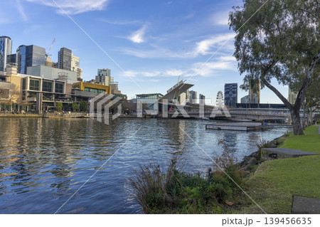 Melbourne, Australia - July 7, 2024 : Landscape of the South Wharf with the blue sky in Melbourne, Australia on July 7, 2024. Melbourne, Australia - July 7, 2024 : Landscape of the South Wharf with the blue sky in Melbourne, Australia on July 7, 2024. 139456635