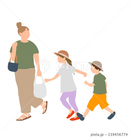 子どもと一緒に歩く母親 ファミリーの日常イラスト 子どもと一緒に歩く母親 ファミリーの日常イラスト 139456774
