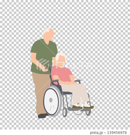 An illustration of an elderly man assisting an elderly woman in a wheelchair. An illustration of an elderly man assisting an elderly woman in a wheelchair. 139456978