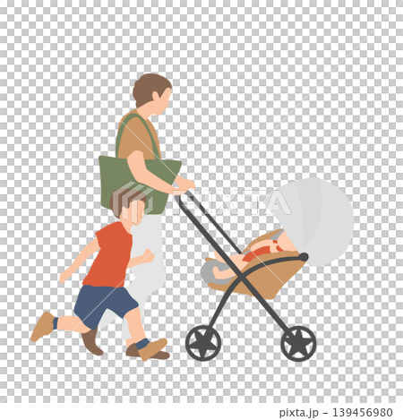 An illustration of a father walking with a stroller and a child running. 139456980