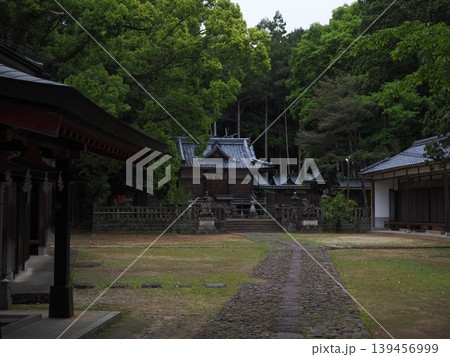 和歌山県田辺市上秋津・川上神社の境内風景 石畳の参道と新緑の鎮守の森 139456999