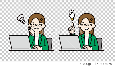 A set of vector illustrations of the upper body of a young female employee/businesswoman resolving/improving a problem. A set of vector illustrations of the upper body of a young female employee/businesswoman resolving/improving a problem. 139457070