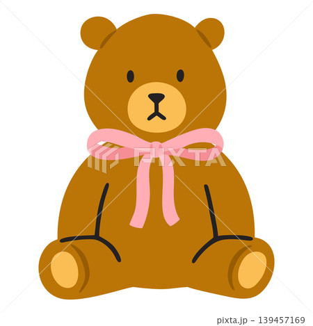 Teddy bear toy doodle, vector cartoon brown bear animal decorated with pink bow, kid favorite toy baby entertainment Teddy bear toy doodle, vector cartoon brown bear animal decorated with pink bow, kid favorite toy baby entertainment 139457169