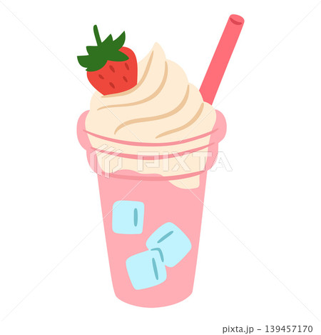 Smoothie with strawberry vector doodle illustration, fruit berries milkshake cocktail with whipped cream ans straw 139457170