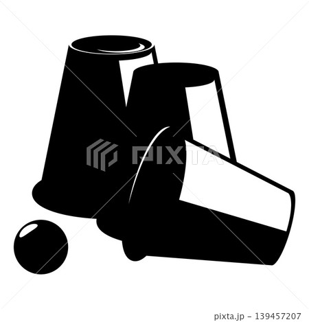 Black and white silhouette of three cups and a ball for a shell game. Black and white silhouette of three cups and a ball for a shell game. 139457207