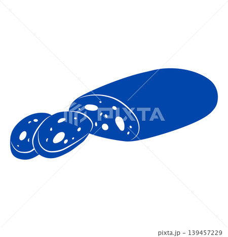 Blue silhouette of a sliced salami stick with streaks of fat, doodle style. 139457229
