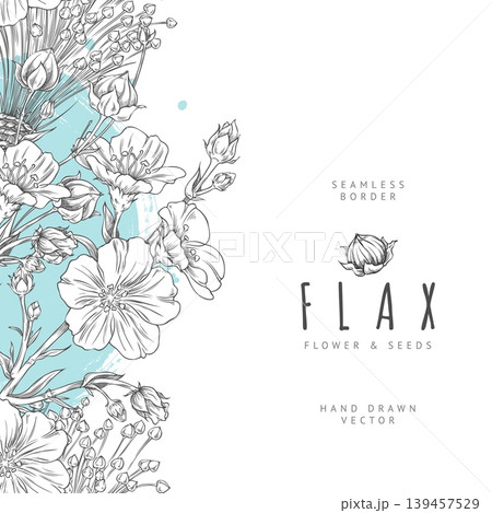 A monochrome sketch of flax flowers, buds, and seeds on a seamless side border of a poster. 139457529