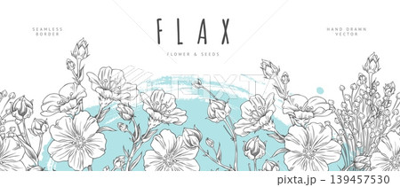 Seamless border with flowers and flax seeds on branches against a blue brushstroke background. 139457530
