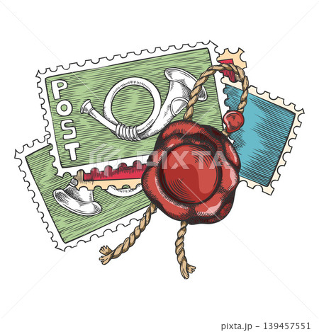 Postage stamps pile with red wax seal, vector hand drawn vintage postal horn on postal marks various colors, wavy edges 139457551