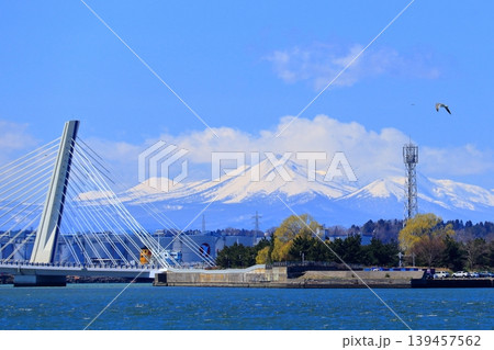 八戸市 臨海工業地帯と八太郎大橋|冠雪の八甲田山と櫛ヶ峯が見える青空の景観 八戸市 臨海工業地帯と八太郎大橋|冠雪の八甲田山と櫛ヶ峯が見える青空の景観 139457562