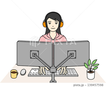 聴覚過敏のためイヤーマフを装着してPC作業する女性 聴覚過敏のためイヤーマフを装着してPC作業する女性 139457598
