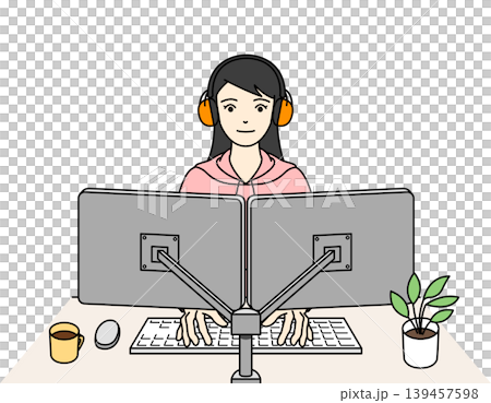聴覚過敏のためイヤーマフを装着してPC作業する女性 聴覚過敏のためイヤーマフを装着してPC作業する女性 139457598
