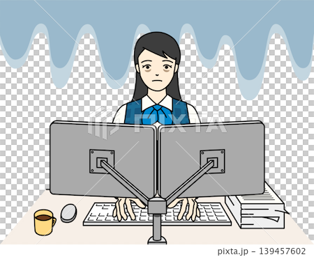 一幅插圖,描繪了一位身穿制服、疲憊不堪、被困在工作中的女性。 一幅插圖,描繪了一位身穿制服、疲憊不堪、被困在工作中的女性。 139457602