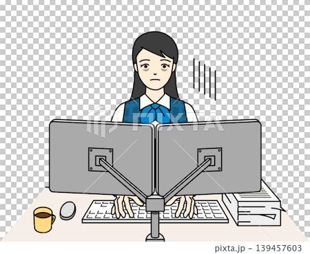 A woman in a uniform, feeling down and stressed over deadlines and a large workload. A woman in a uniform, feeling down and stressed over deadlines and a large workload. 139457603