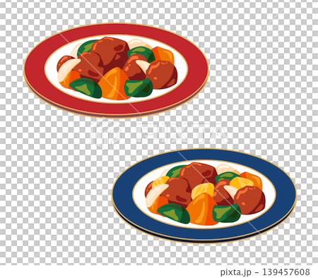 A set of illustrations of sweet and sour pork served on a plate. A set of illustrations of sweet and sour pork served on a plate. 139457608