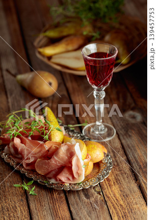 Prosciutto with pears and thyme on a silver tray. Prosciutto with pears and thyme on a silver tray. 139457753