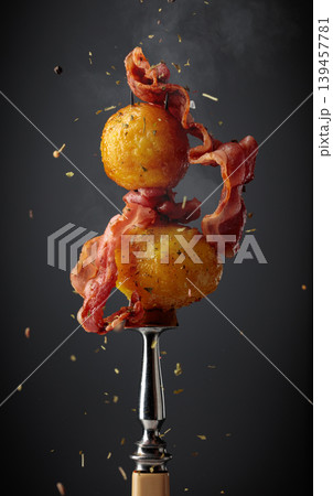 Roasted potatoes with bacon sprinkled with sea salt and spices. 139457781
