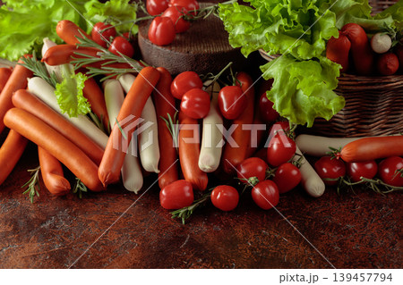 Various thin smoked sausages with salad, tomatoes, and rosemary. 139457794