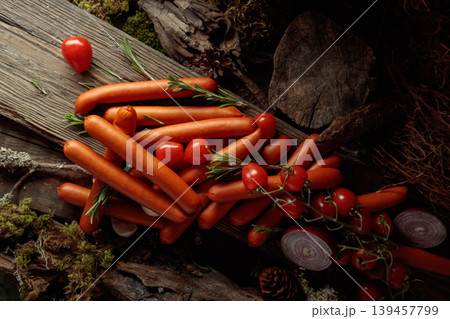 Smoked sausages with tomatoes, onion, garlic, and rosemary on an old board. Smoked sausages with tomatoes, onion, garlic, and rosemary on an old board. 139457799