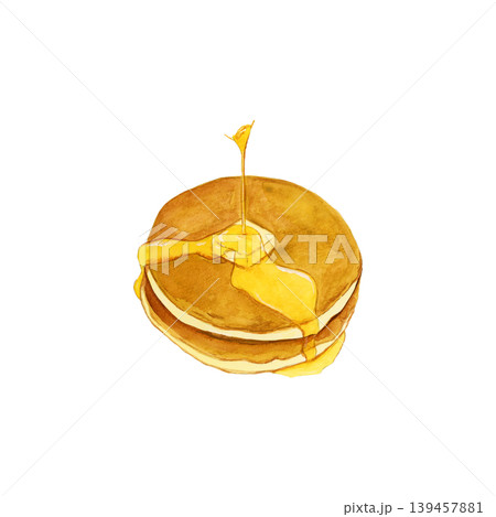 手描き水彩のはちみつがかかるホットケーキ2枚重ね バター付きイラスト 手描き水彩のはちみつがかかるホットケーキ2枚重ね バター付きイラスト 139457881