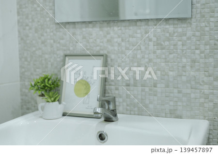 Minimalist bathroom interior featuring a sink, small plant, and framed art. 139457897