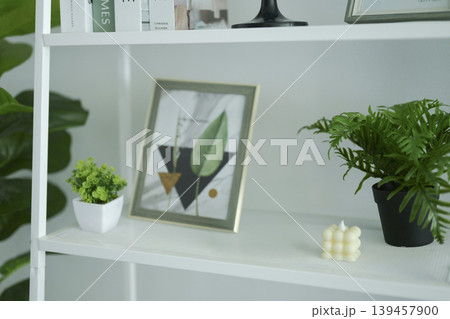 Modern white bookshelf decorated with green plants, art frame, and aesthetic ornaments. Modern white bookshelf decorated with green plants, art frame, and aesthetic ornaments. 139457900