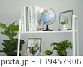 Minimalist home office shelf featuring decorative world globe and botanical art frame. 139457906