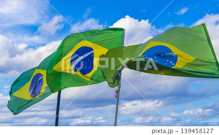 Brazilian flag with blue sky background Rio de Janeiro Brazil. Brazilian flag with blue sky background Rio de Janeiro Brazil. 139458127
