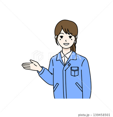 女性作業員 案内 説明 ジェスチャー 手を広げる イラスト 女性作業員 案内 説明 ジェスチャー 手を広げる イラスト 139458501