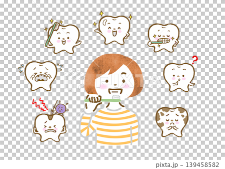 A set of illustrations featuring a woman brushing her teeth and a tooth character. 139458582
