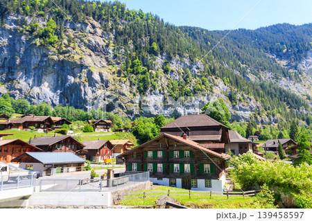 View of Lauterbrunnen village in Lauterbrunnen Valley in Bernese Oberland, Switzerland. Switzerland nature and travel. Alpine scenery 139458597