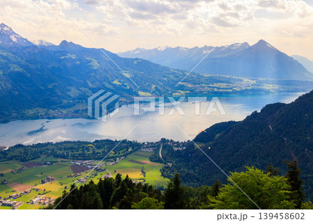 Breathtaking aerial view of Lake Thun and Swiss Alps from Harder Kulm viewpoint, Switzerland Breathtaking aerial view of Lake Thun and Swiss Alps from Harder Kulm viewpoint, Switzerland 139458602