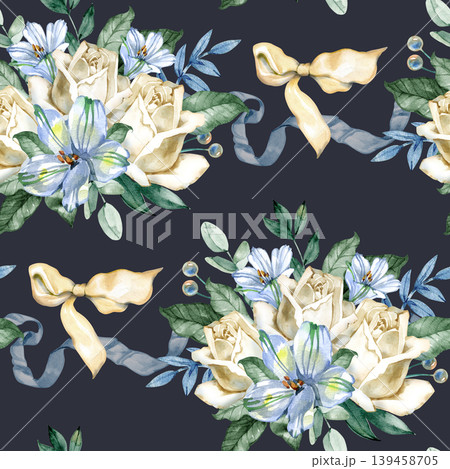 Watercolor seamless pattern with elegant bouquets of cream roses and blue lilies, intertwined with silk ribbons and lush greenery. Delicate hand drawn floral background for wedding textiles. 139458705