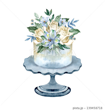 Elegant watercolor wedding cake on a blue pedestal stand, adorned with a lush bouquet of cream roses, blue lilies, and green eucalyptus leaves. A refined hand drawn botanical food illustration. Elegant watercolor wedding cake on a blue pedestal stand, adorned with a lush bouquet of cream roses, blue lilies, and green eucalyptus leaves. A refined hand drawn botanical food illustration. 139458718