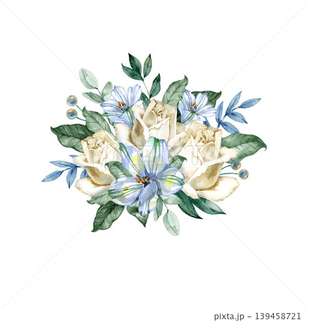 Watercolor floral bouquet featuring delicate cream roses and soft blue lilies with lush green leaves and eucalyptus. Elegant hand drawn botanical illustration for wedding invitations and greeting Watercolor floral bouquet featuring delicate cream roses and soft blue lilies with lush green leaves and eucalyptus. Elegant hand drawn botanical illustration for wedding invitations and greeting 139458721