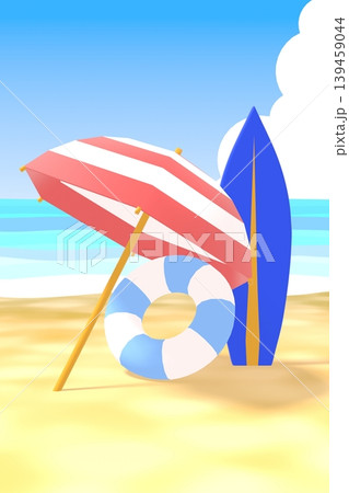 サーブボードとパラソルがある夏の浜辺の3DCG縦長風景 サーブボードとパラソルがある夏の浜辺の3DCG縦長風景 139459044