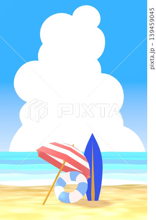 入道雲が浮かぶ夏の浜辺にサーブボードとパラソルがある3DCG縦長風景 入道雲が浮かぶ夏の浜辺にサーブボードとパラソルがある3DCG縦長風景 139459045