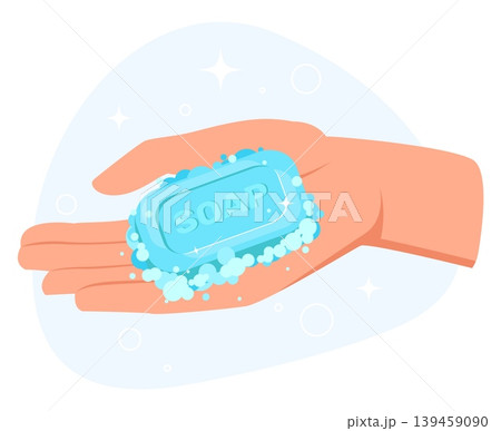 Fragrant foaming soap lies in your hand. Cleanliness and hygiene. Antibacterial detergent froth. Person washing palms with foam and water. Health care. Vector concept of washing arms 139459090