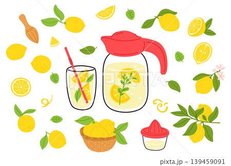 Fresh homemade lemonade. Summer citrus drink with mint leaves. Juicy sour fruits in water. Glass jug and cup. Cold cocktail. Refreshing beverage cooking. Citron organic pieces vector set Fresh homemade lemonade. Summer citrus drink with mint leaves. Juicy sour fruits in water. Glass jug and cup. Cold cocktail. Refreshing beverage cooking. Citron organic pieces vector set 139459091